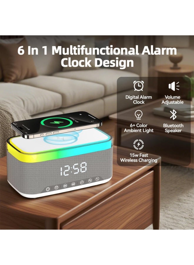 Bluetooth Speaker with Wireless Charging Digital Clock LED Display 15W Qi Charging Station 2 x 10W Speakers7 Ambient Lights BT5.3/AUX/TF/USB for Home Bedside Travel - Image 5